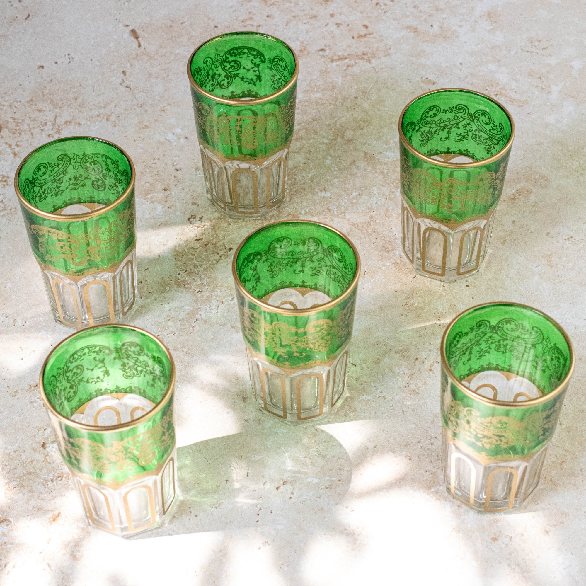 Moroccan Tea Glasses – Emerald Green & Gold Set of 6