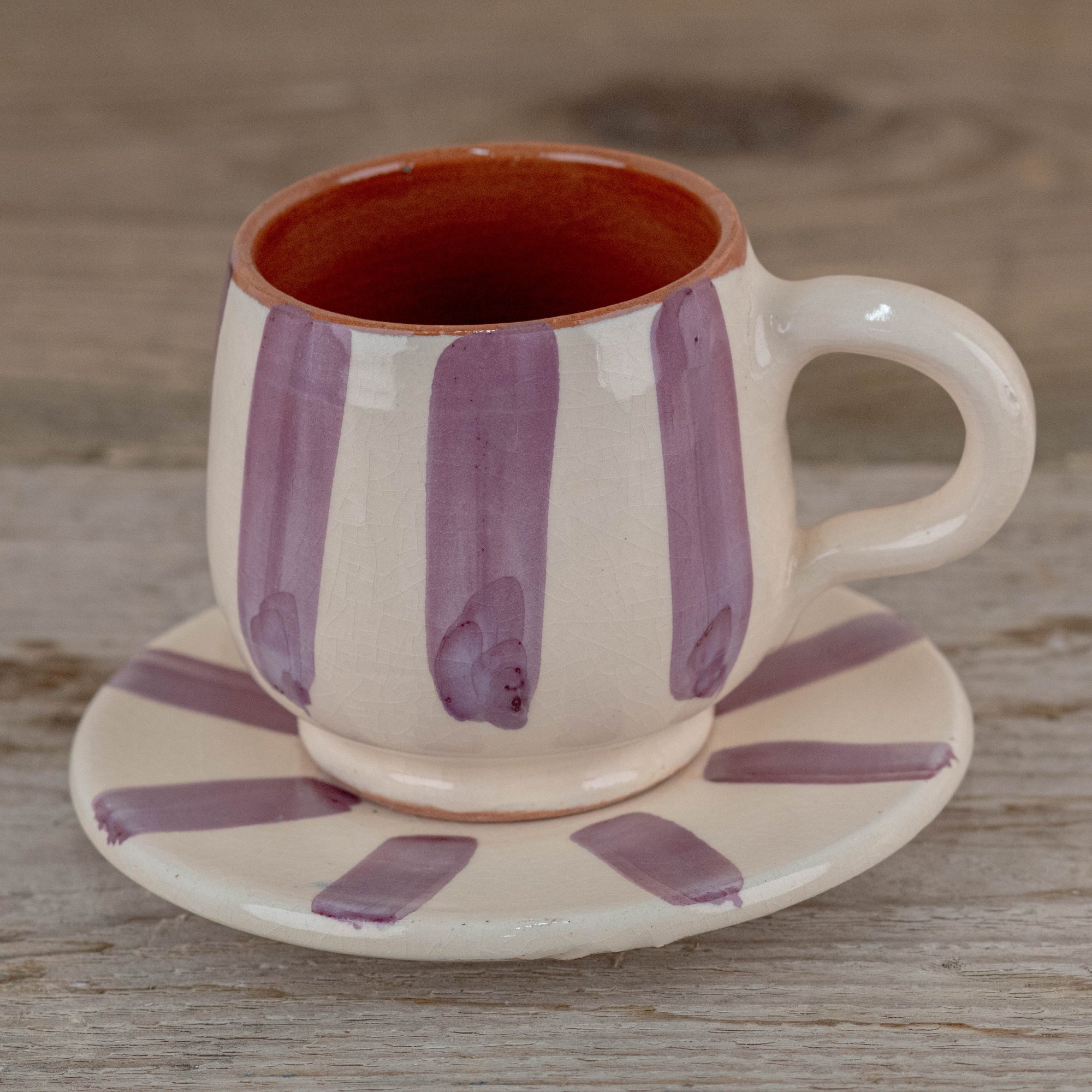 Handmade Striped Coffee Cup & Saucer - Purple 