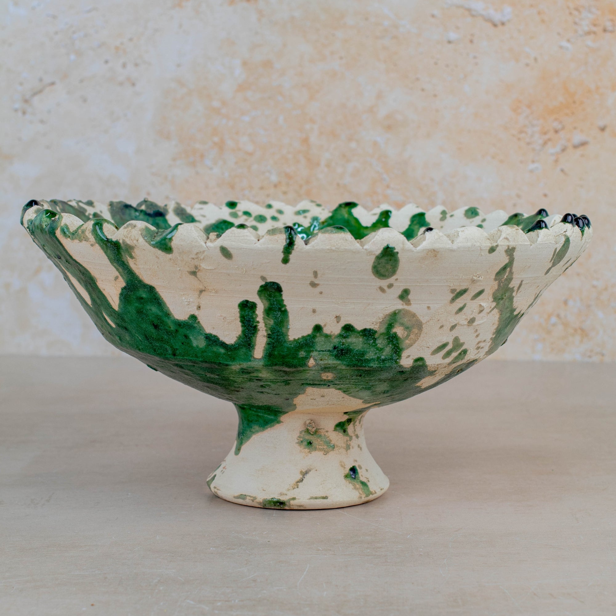 Handmade Tamegroute Bowl - Green (Half-Glazed Splatter)