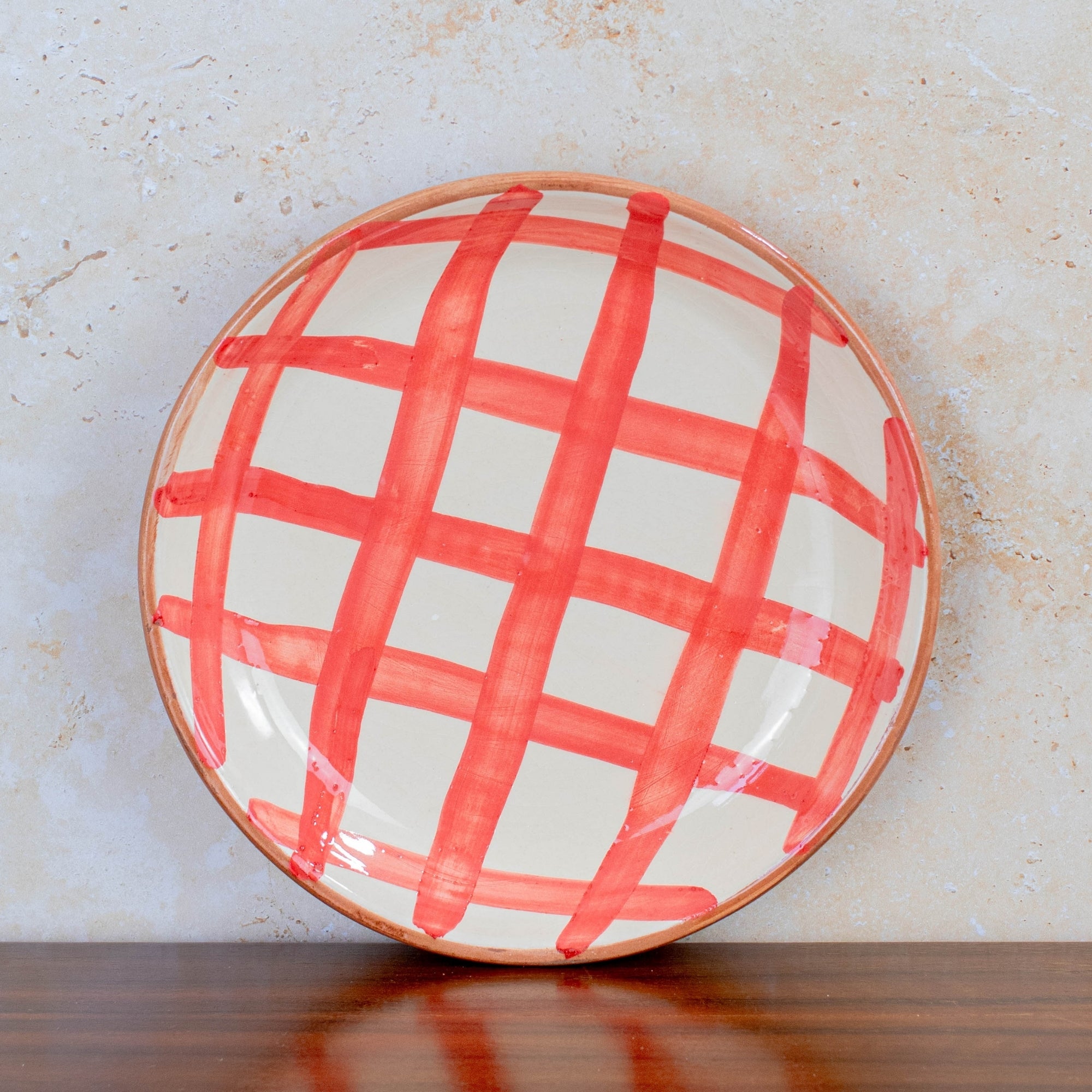 Handmade Checkered Ceramic Bowl - Red