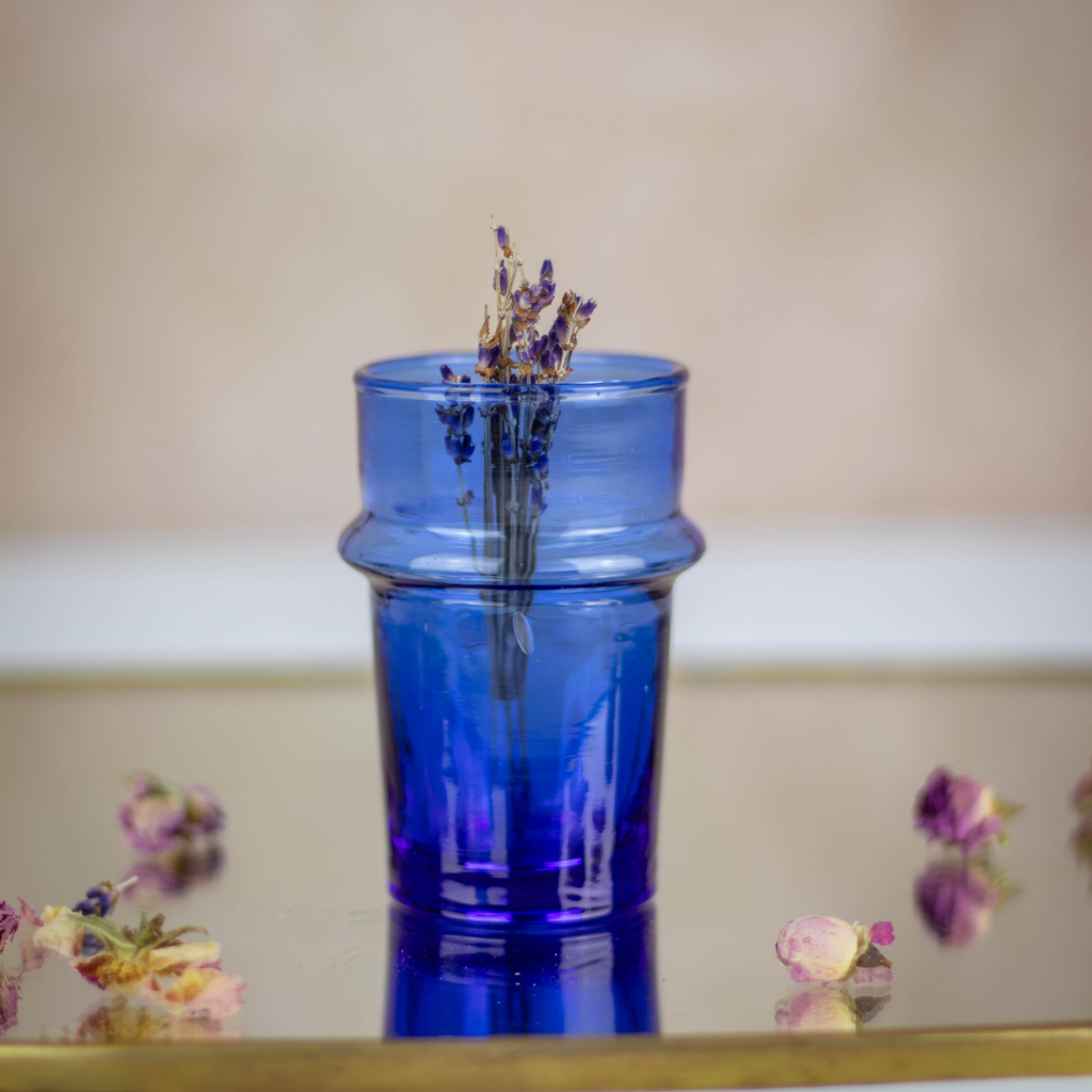 Set of 6 Hand-Blown Blue Beldi Tea Glasses - Moroccan Tea Glasses in Blue