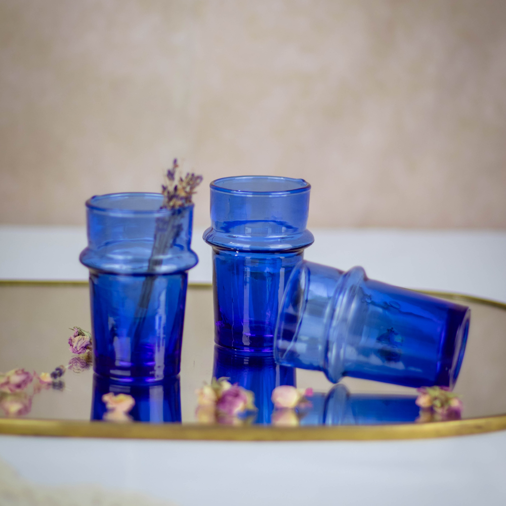 Set of 6 Hand-Blown Blue Beldi Tea Glasses - Moroccan Tea Glasses in Blue