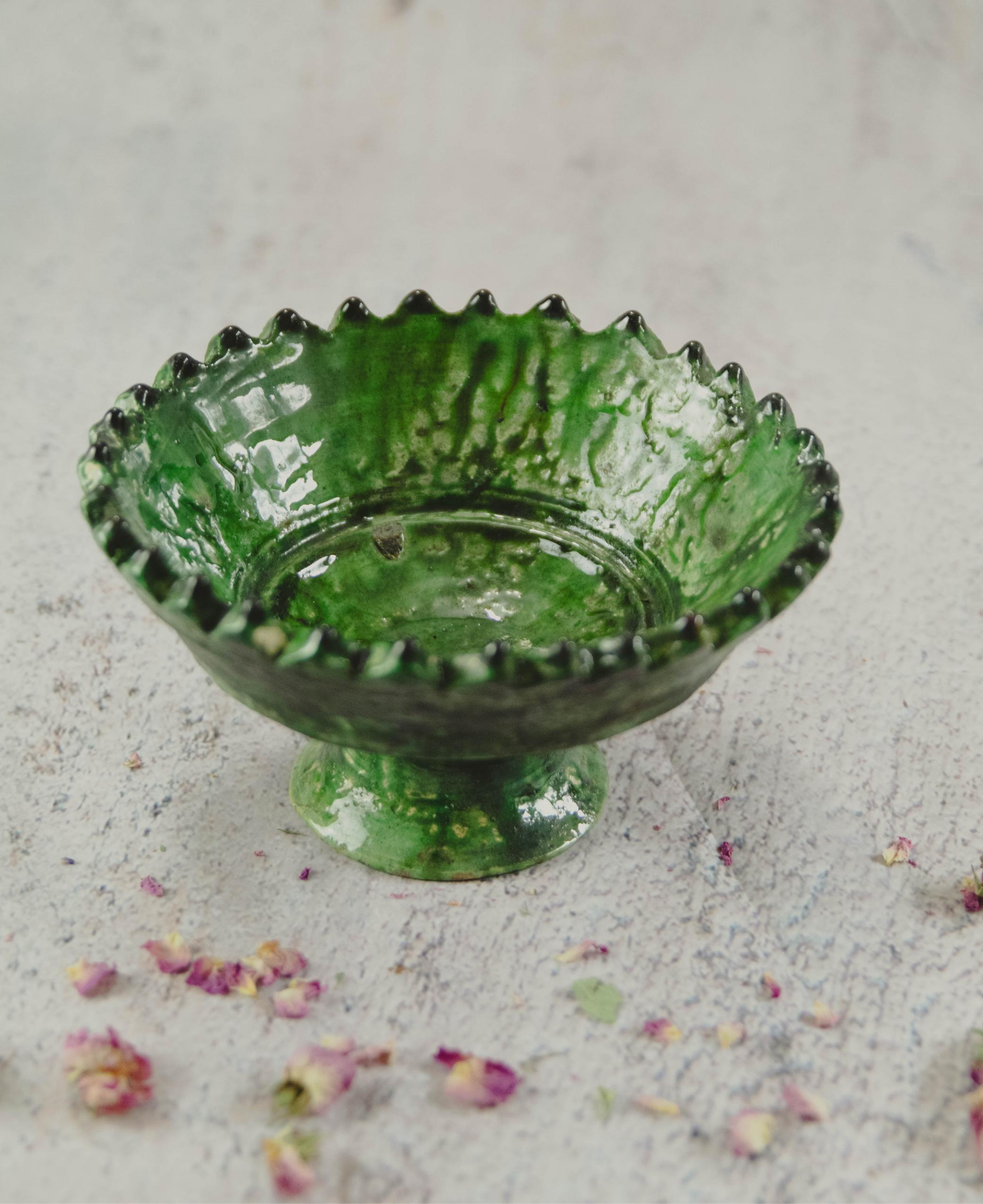 Moroccan Vintage Green Glazed Pedestal Fruit Bowl – Handmade Ceramic Serving Dish for Stylish Home Decor