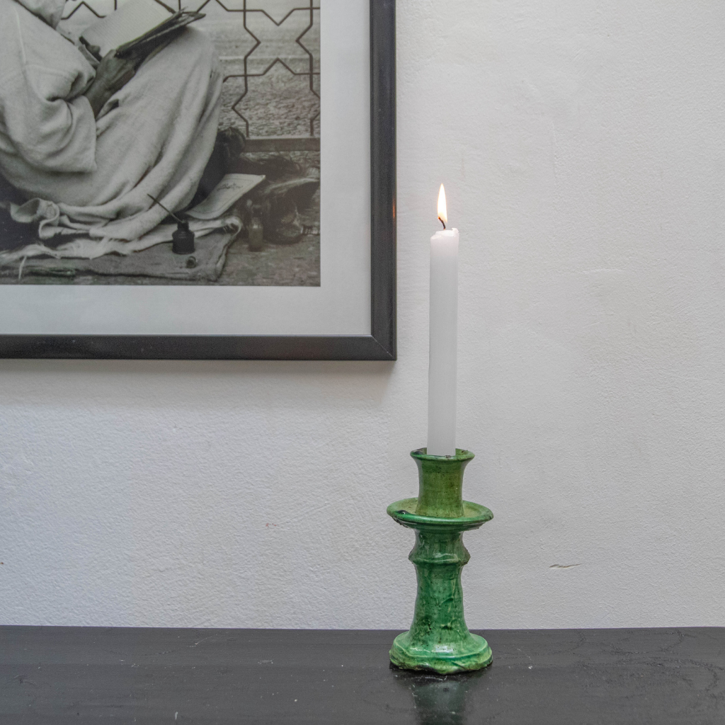 Handmade Vintage Tamegroute Shaded Green Candlestick Holder