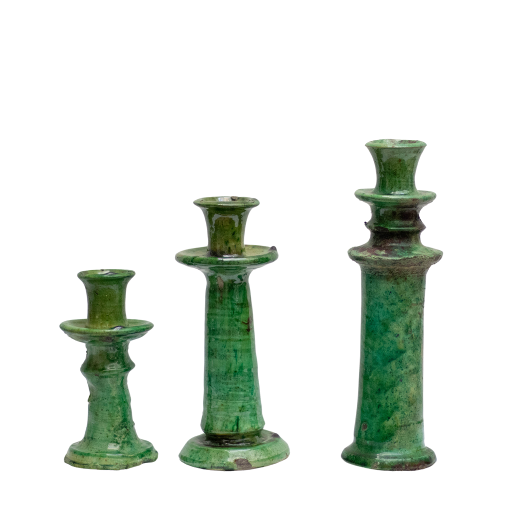 Handmade Moroccan Vintage Tamegroute Shaded Green Candlestick Set of 3