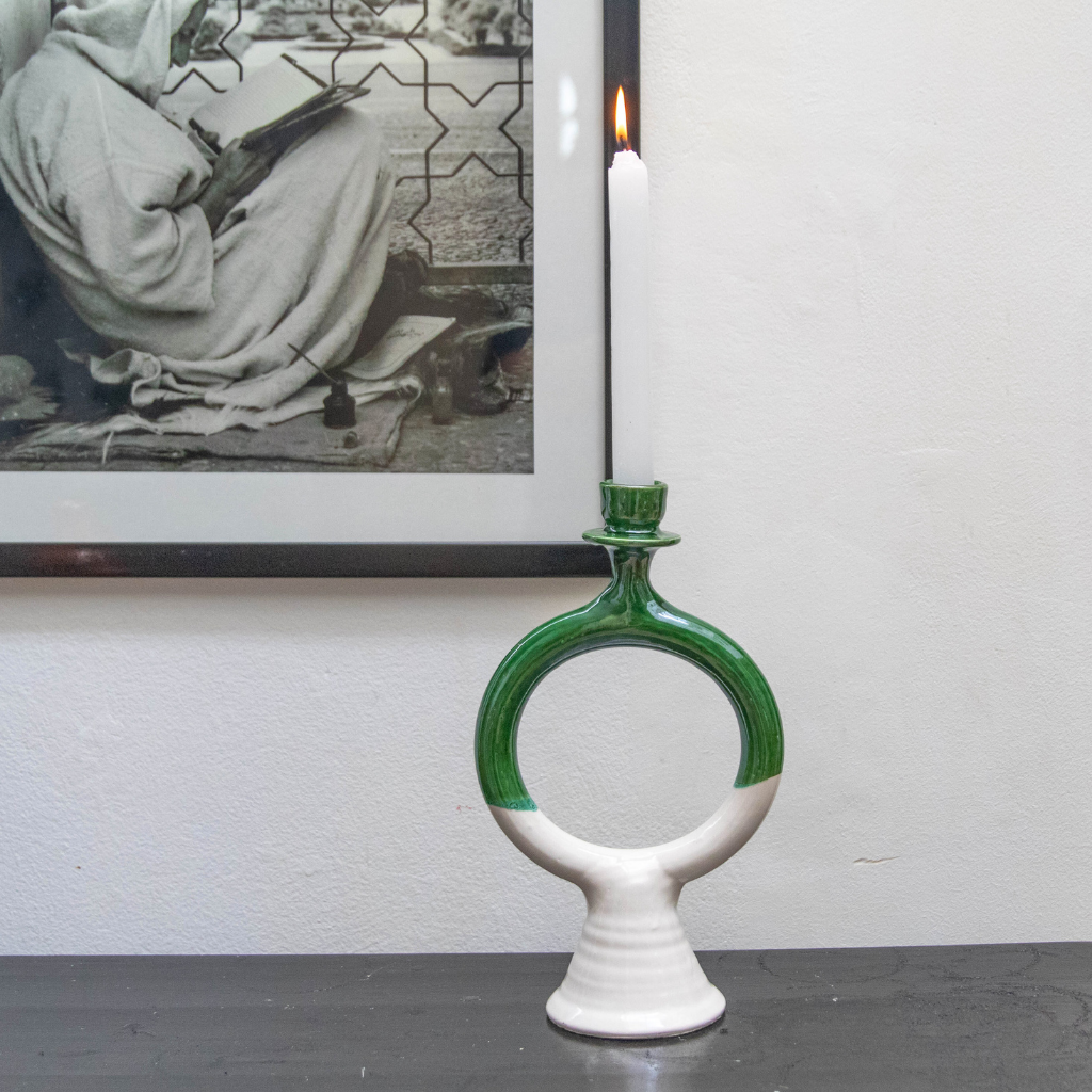 Tamegroute Shaded Green White Ceramic Candlestick Holder