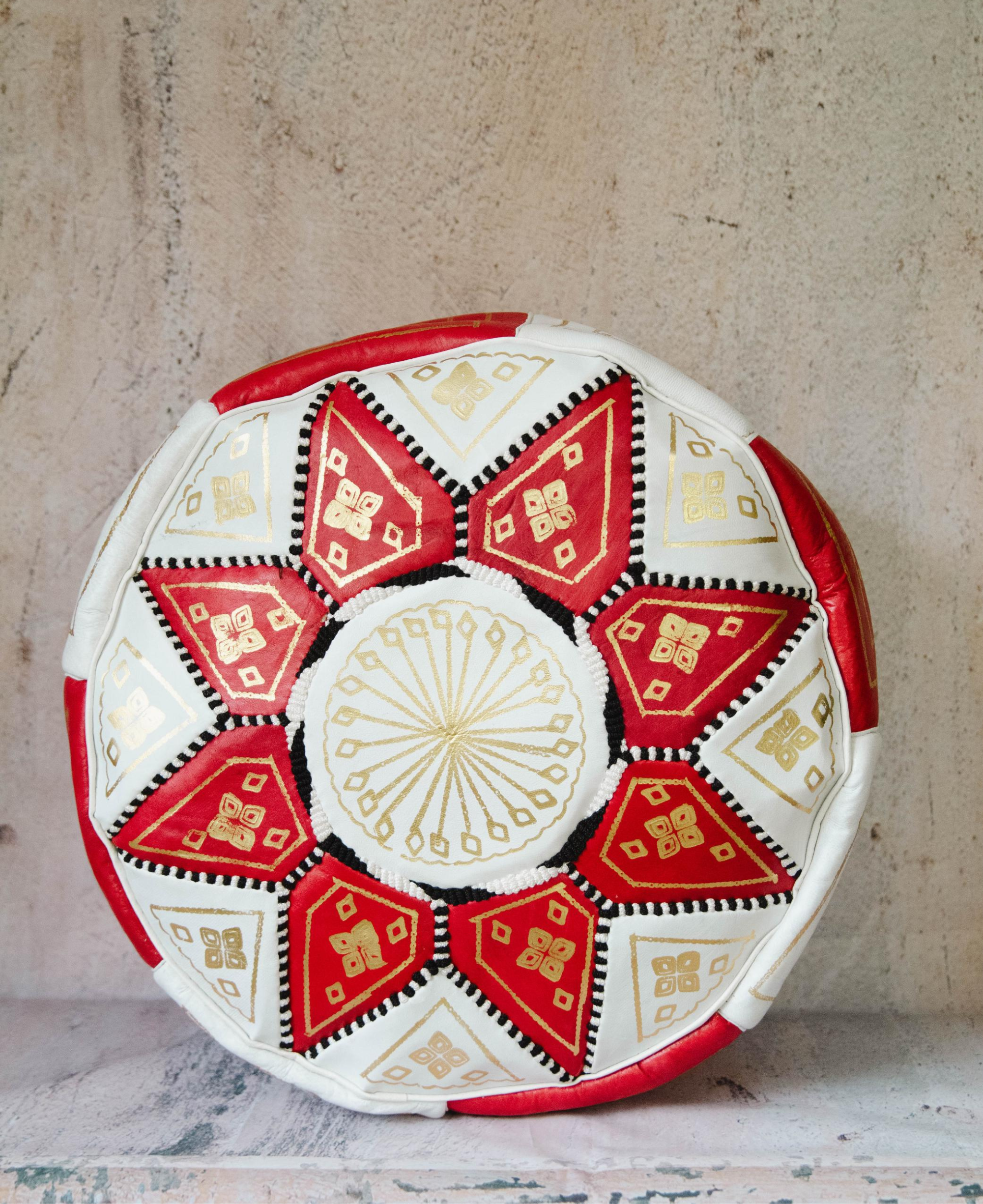 Moroccan Leather Pouf in Red & Gold - Leather Poufe Ottoman Moroccan Floor Pouffs, Morocco Pouffe - Ottomans Poufs -