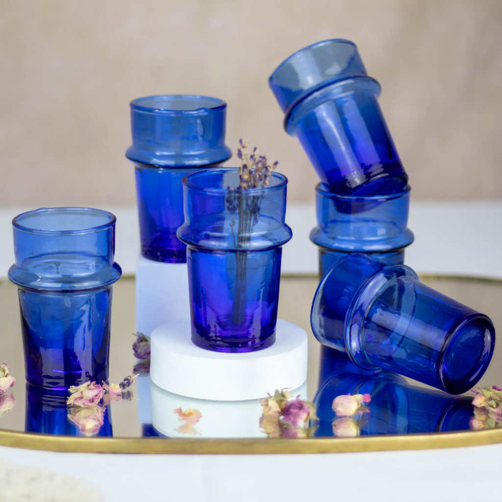 Set of 6 Hand-Blown Blue Beldi Tea Glasses - Moroccan Tea Glasses in Blue