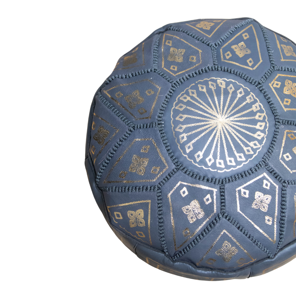 Moroccan Leather Floor Pouffe/Ottoman: Grey &amp; Gold