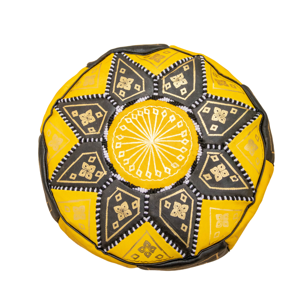 Moroccan Leather Floor Pouffe/Ottoman: Yellow &amp; Gold