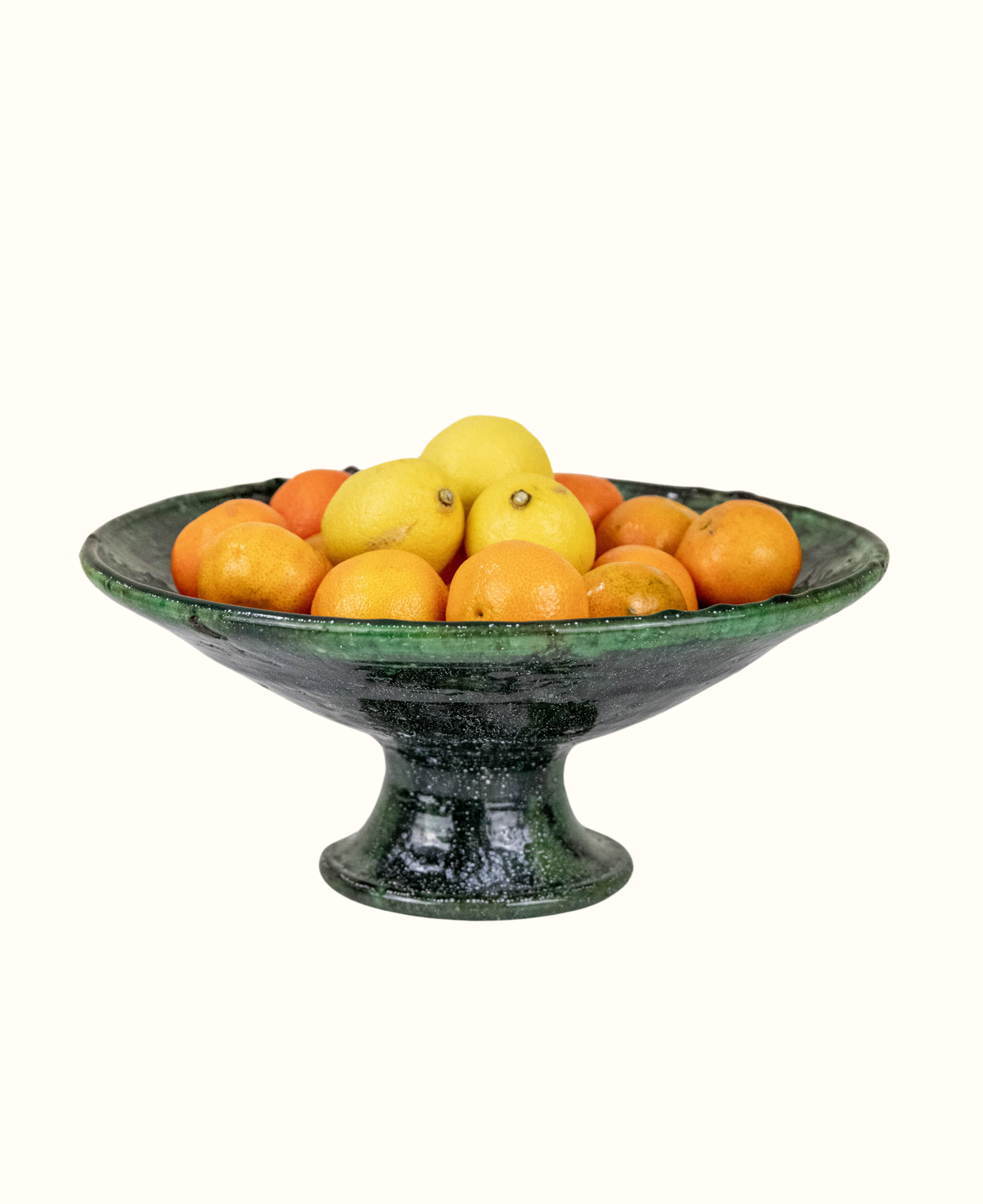 Large Moroccan Vintage Green Glazed Pedestal Fruit Bowl
