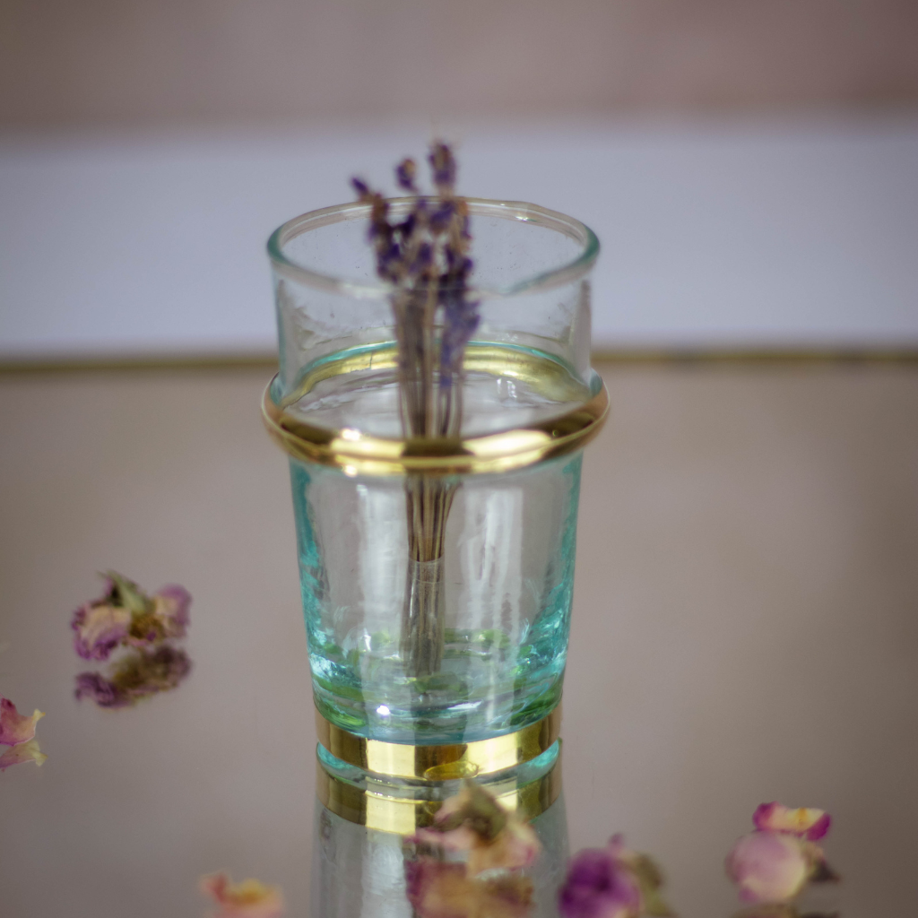 Set of 6 Hand-Blown Beldi Moroccan Tea Glasses with Gold Accents