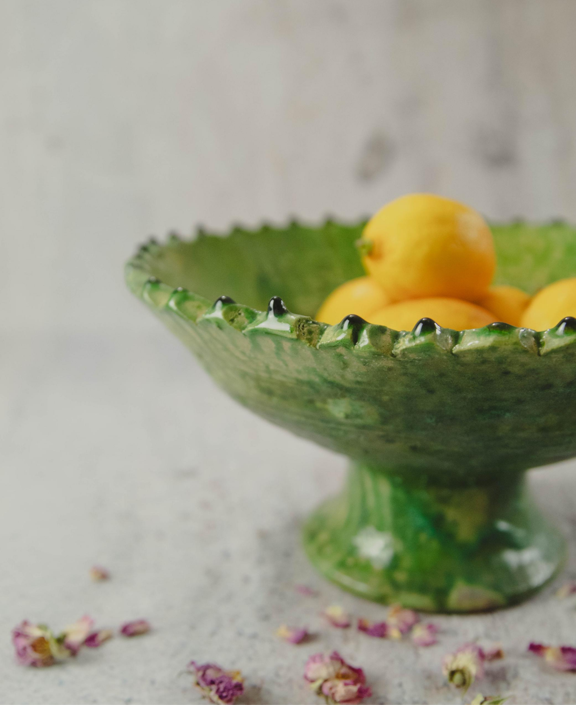 Moroccan Vintage Green Glazed Pedestal Fruit Bowl – Handmade Ceramic Serving Dish for Stylish Home Decor