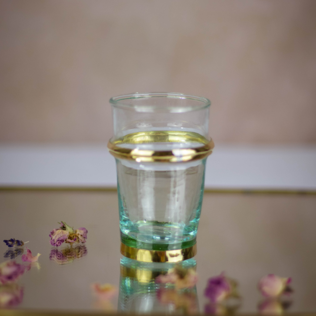 Set of 6 Hand-Blown Beldi Moroccan Tea Glasses with Gold Accents