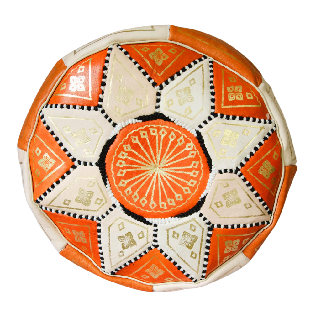 Moroccan Leather Floor Pouffe/Ottoman: Orange & Gold