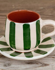 Handmade Striped Coffee Cup & Saucer - Green