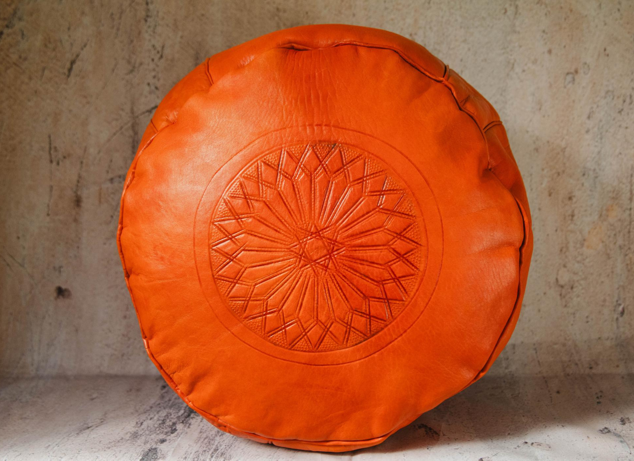 Moroccan Leather Pouf in Tan - Leather Poufe Ottoman Moroccan Floor Pouffs, Morocco Pouffe - Ottomans Poufs