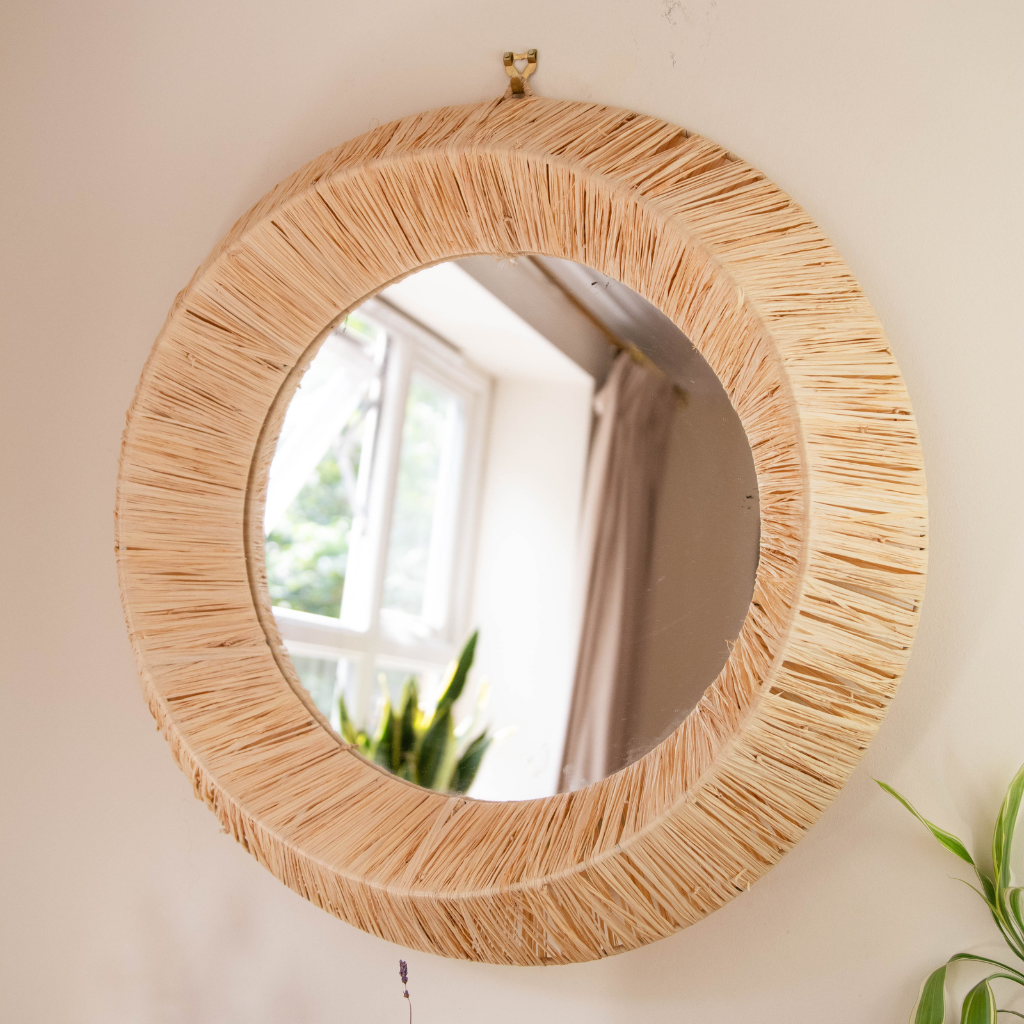 Moroccan Handcrafted Wall Mirror: Round - Natural Raffia