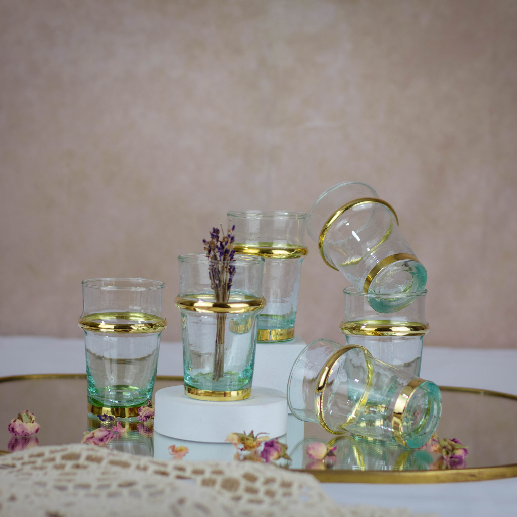 Set of 6 Hand-Blown Beldi Moroccan Tea Glasses with Gold Accents