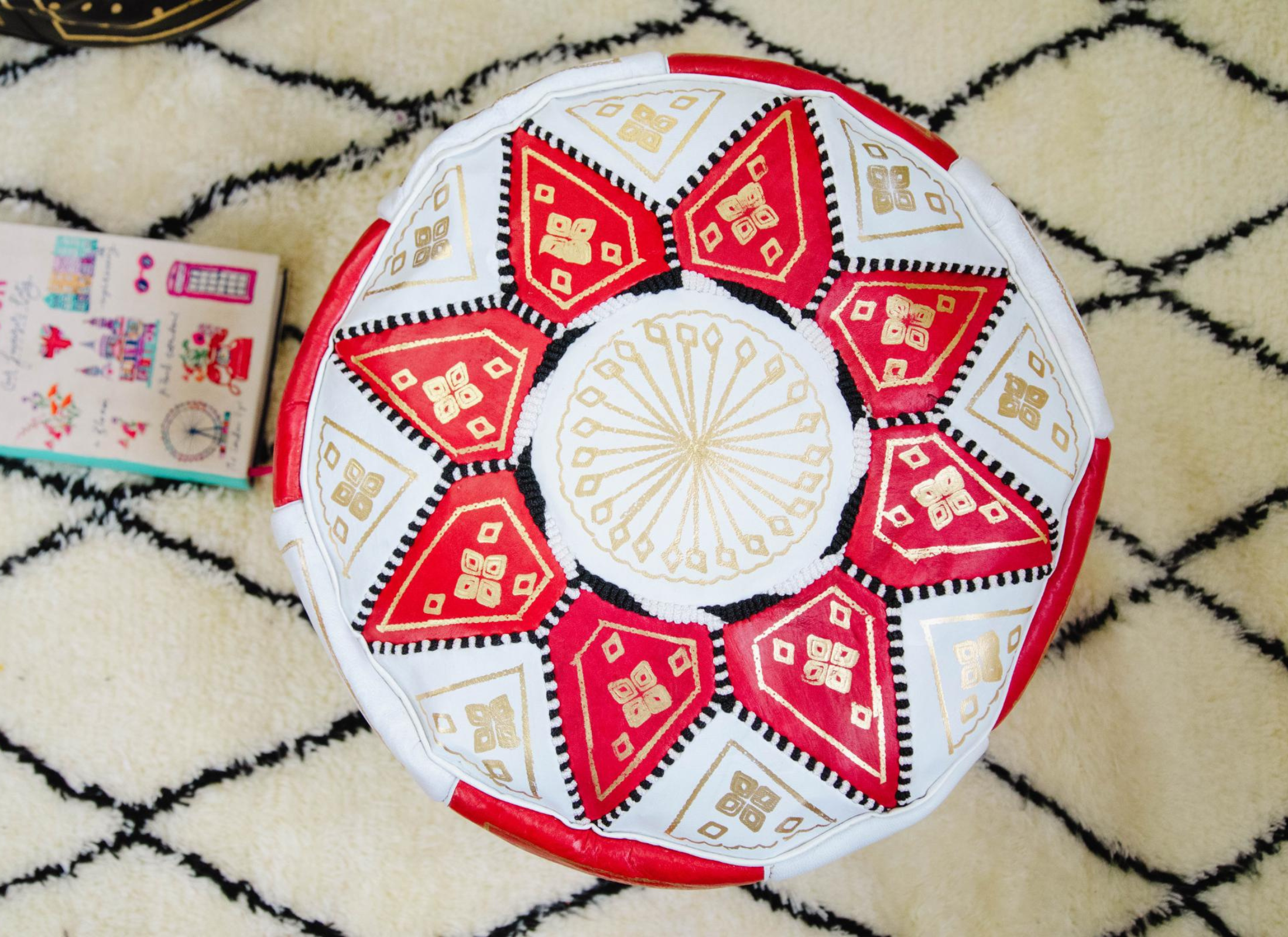 Moroccan Leather Pouf in Red & Gold - Leather Poufe Ottoman Moroccan Floor Pouffs, Morocco Pouffe - Ottomans Poufs -