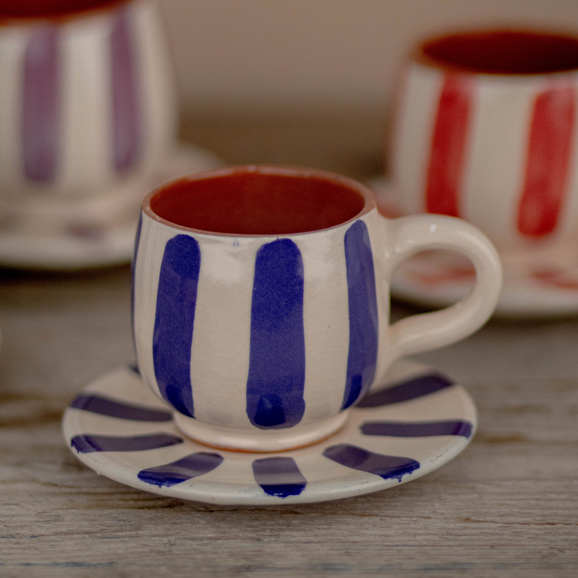 Handmade Striped Coffee Cup & Saucer - Blue