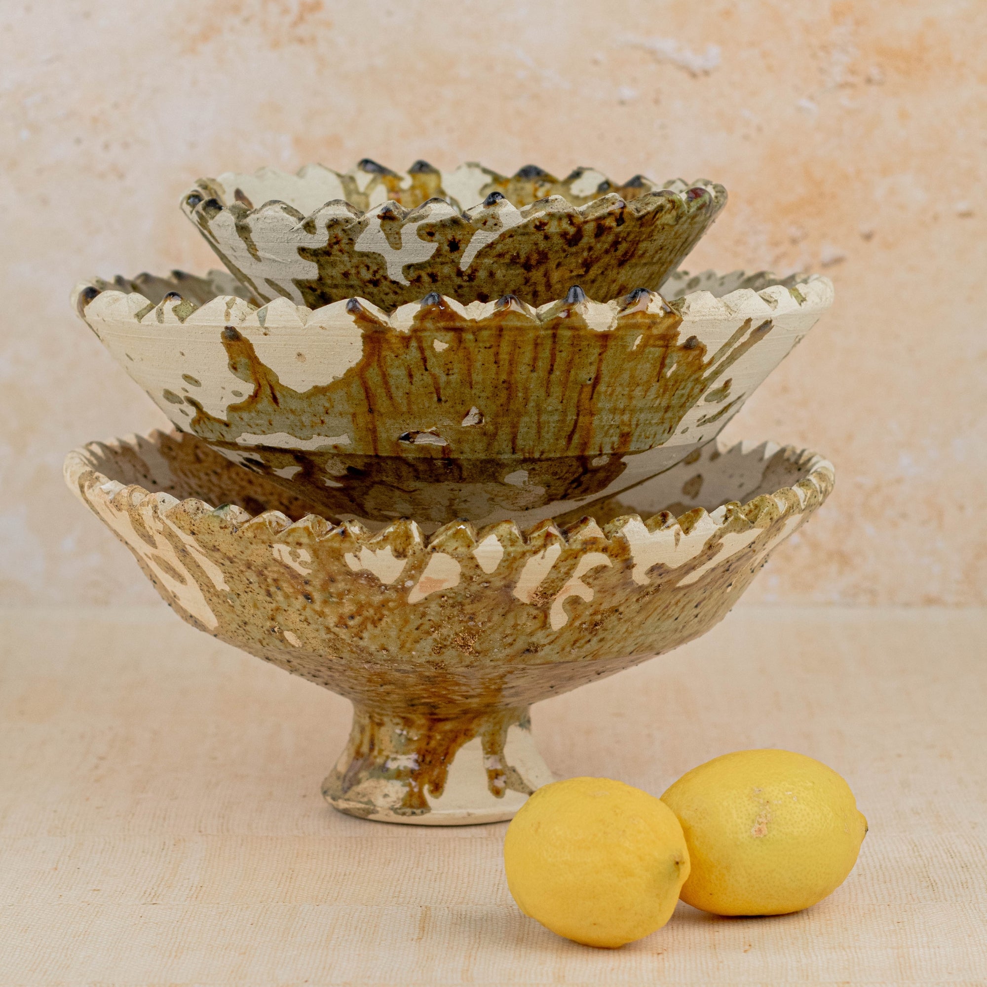 Handmade Tamegroute Pedestal Bowl - Ochre (Half-Glazed Splatter)