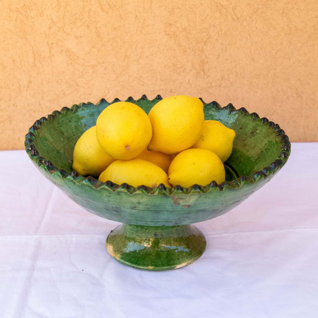 Moroccan Vintage Green Glazed Pedestal Fruit Bowl