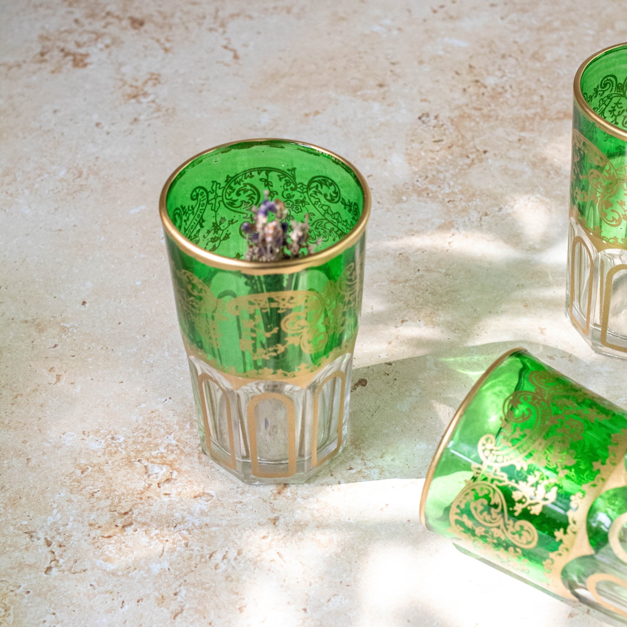 Moroccan Tea Glasses – Emerald Green & Gold Set of 6