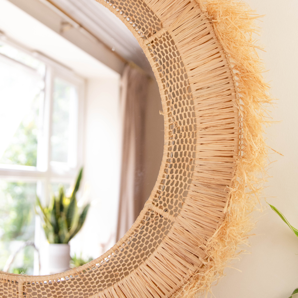 Bohemian Moroccan Handcrafted Wall Mirror: Round - Natural Raffia