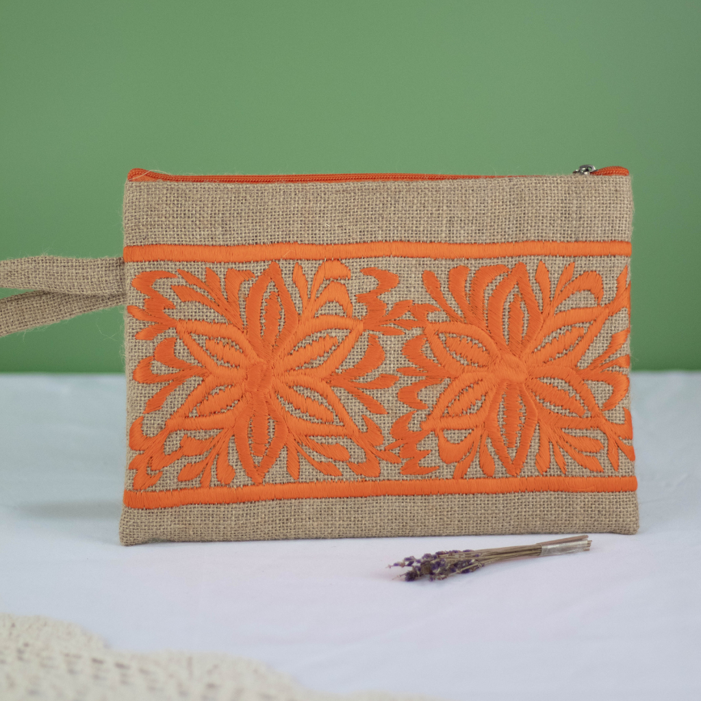 Moroccan Hand-Embroidered Hessian Clutch, Orange 