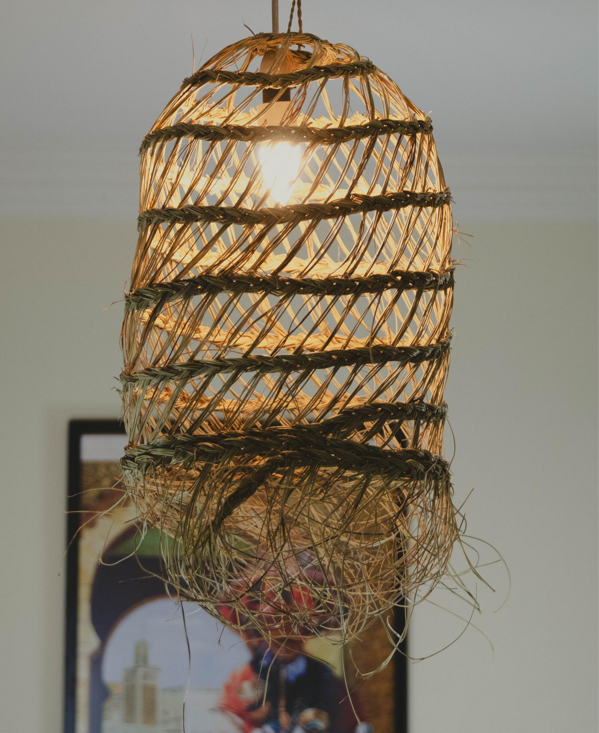 Doum Openwork Tube Shaped Suspension Light - Moroccan Lantern Wicker Lampshade - Wicker Pendant Lamp 