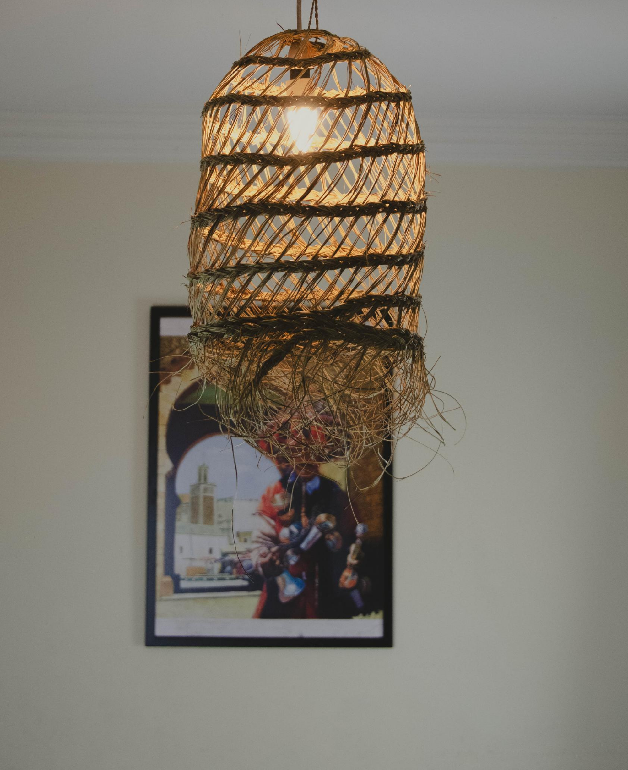 Doum Openwork Tube Shaped Suspension Light - Moroccan Lantern Wicker Lampshade - Wicker Pendant Lamp 