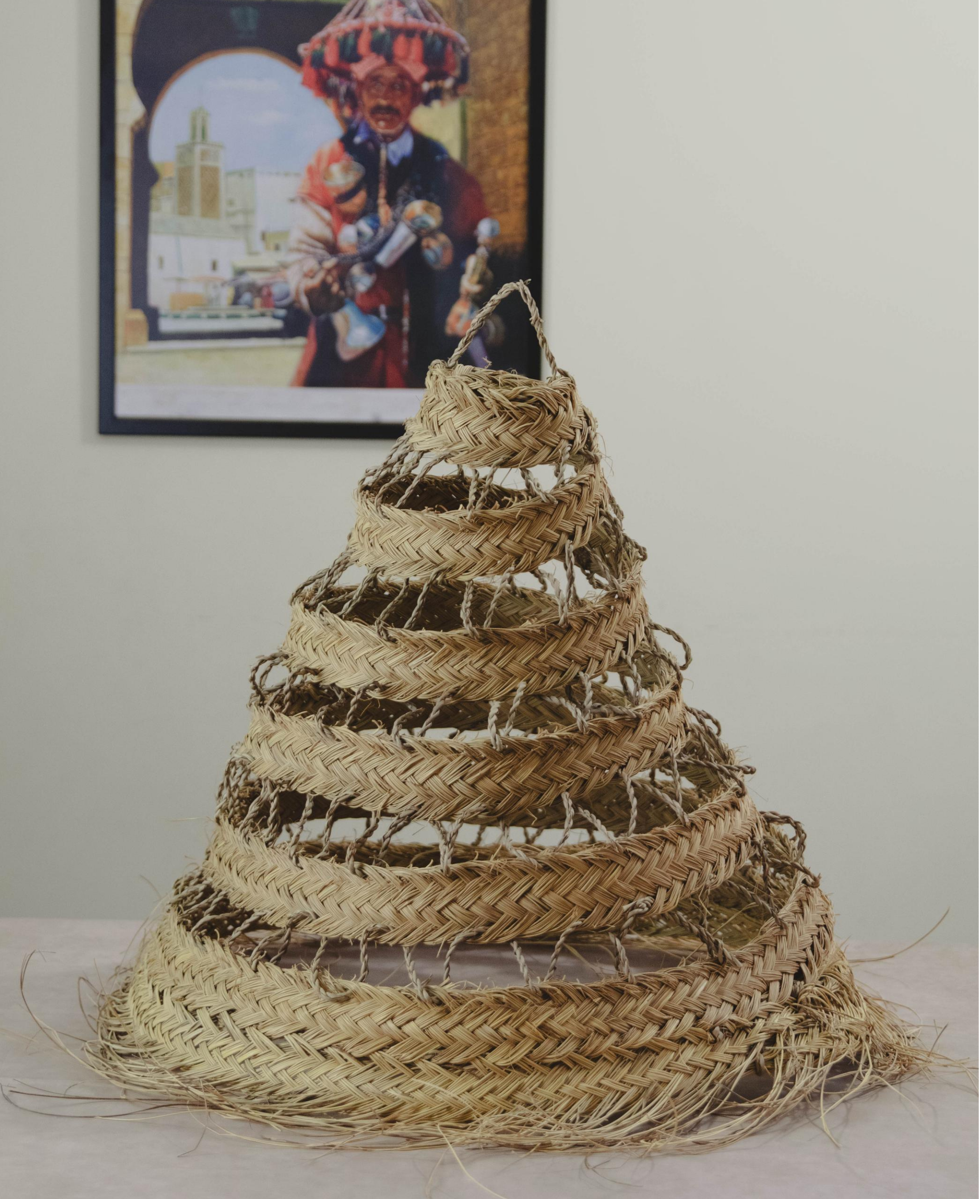 Moroccan Suspension Cone in Openwork Doum Angel Hair Lampshade - Doum Cone Lamp Wicker Shades with Fringes - Bohemian Straw Pendant