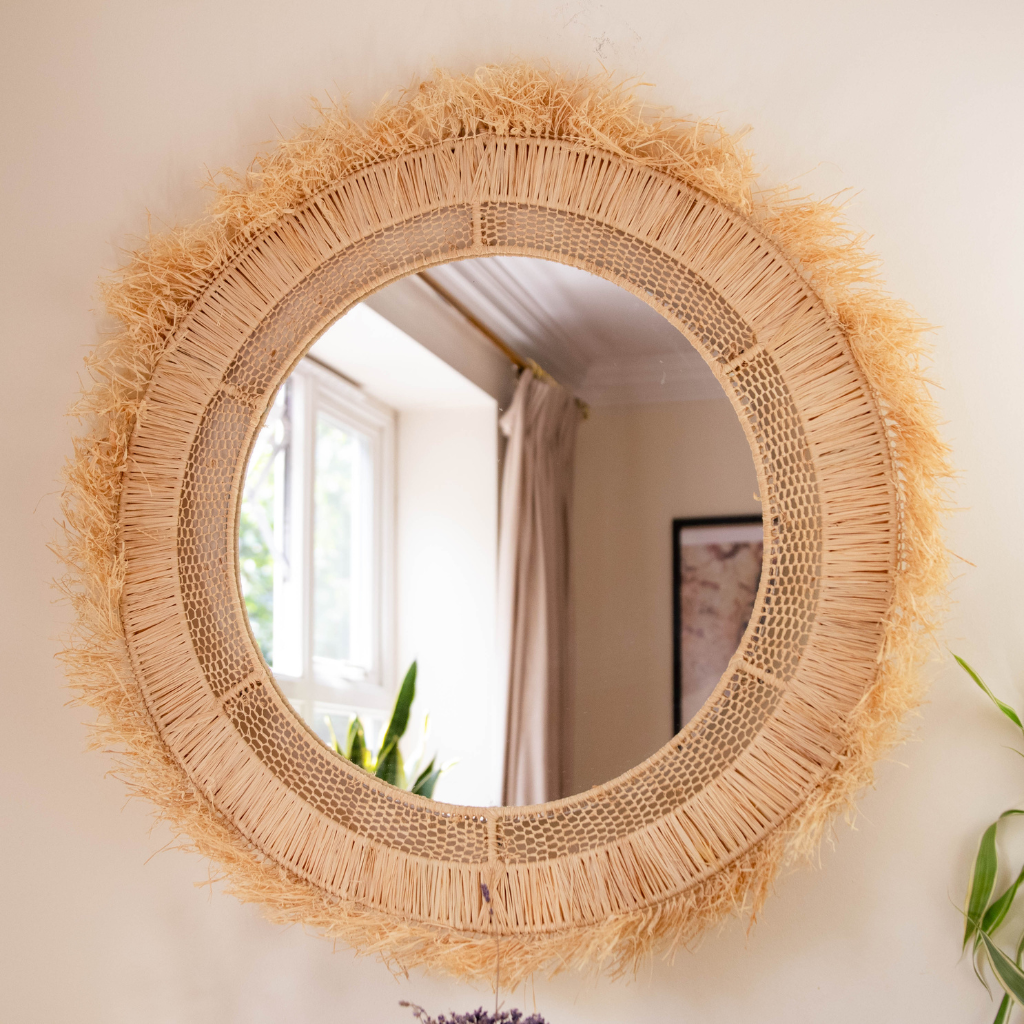 Bohemian Moroccan Handcrafted Wall Mirror: Round - Natural Raffia