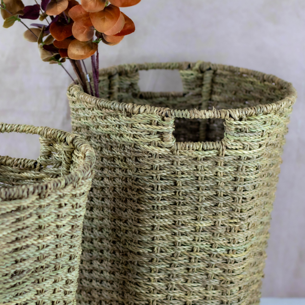 Handcrafted Wicker and Palm Leaf Bin Basket - Laundry, Bathroom, Office Storage Organisation Basket