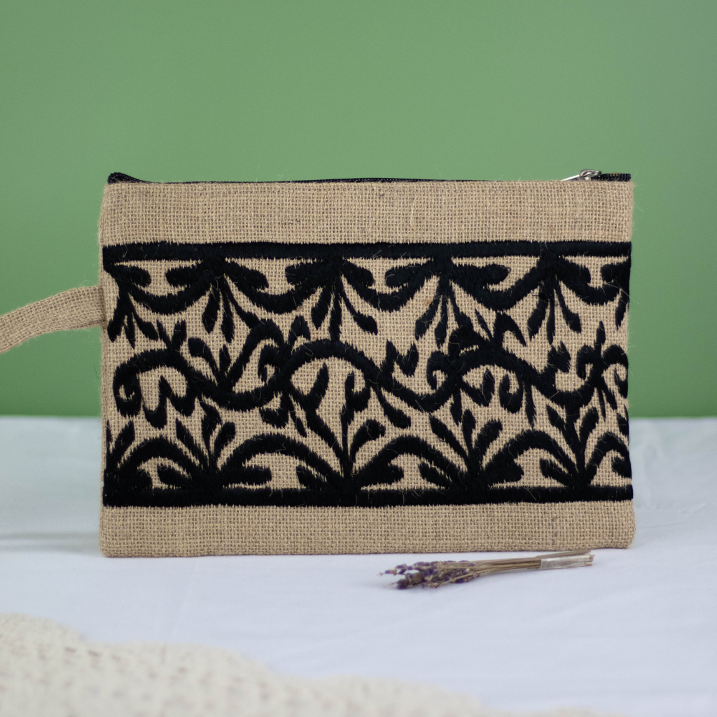 Moroccan Hand-Embroidered Hessian Clutch, Black