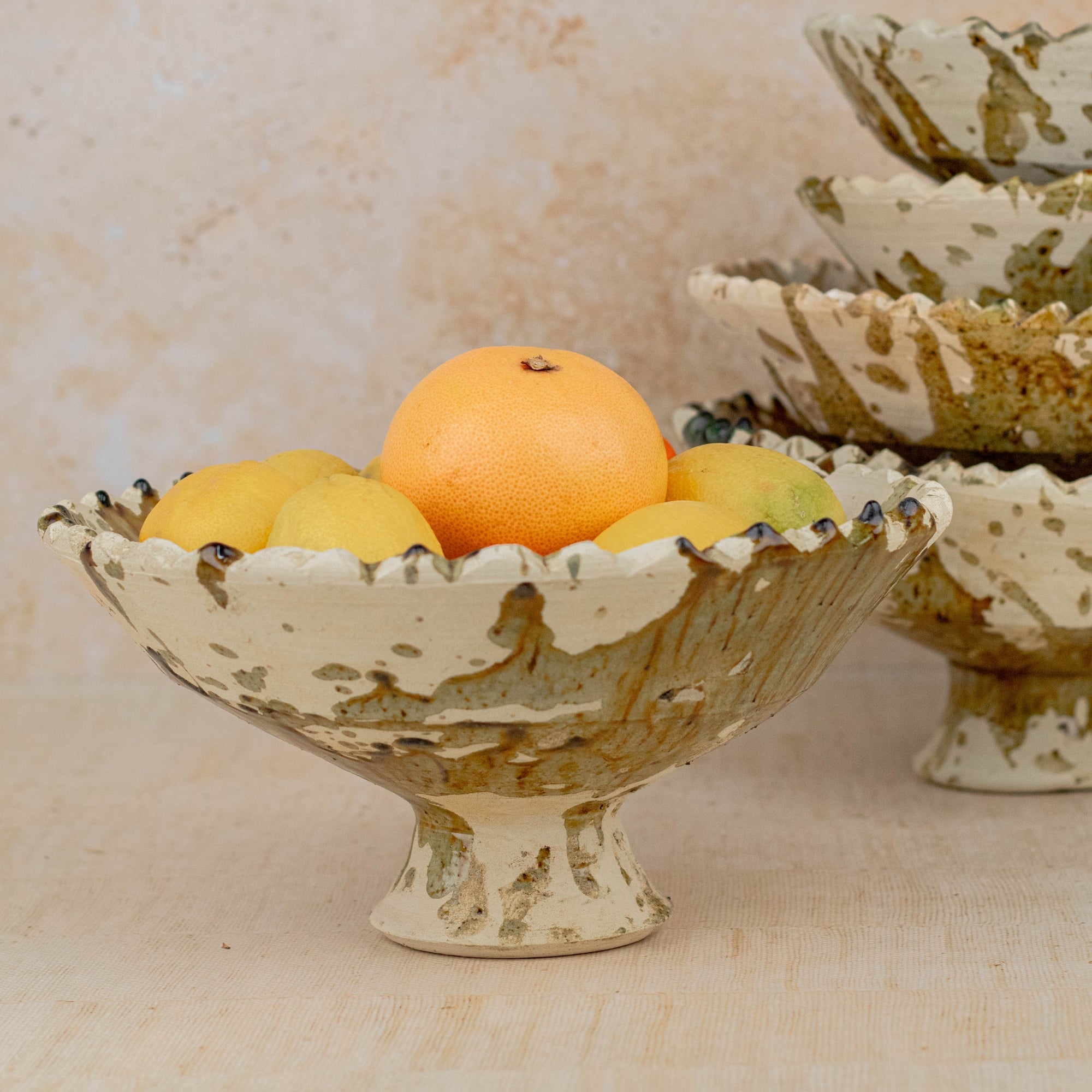 Handmade Tamegroute Pedestal Bowl - Ochre (Half-Glazed Splatter)