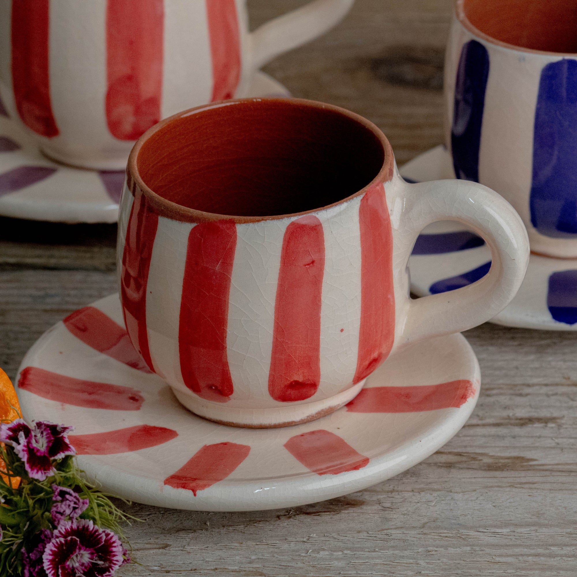Handmade Striped Coffee Cup & Saucer - Red