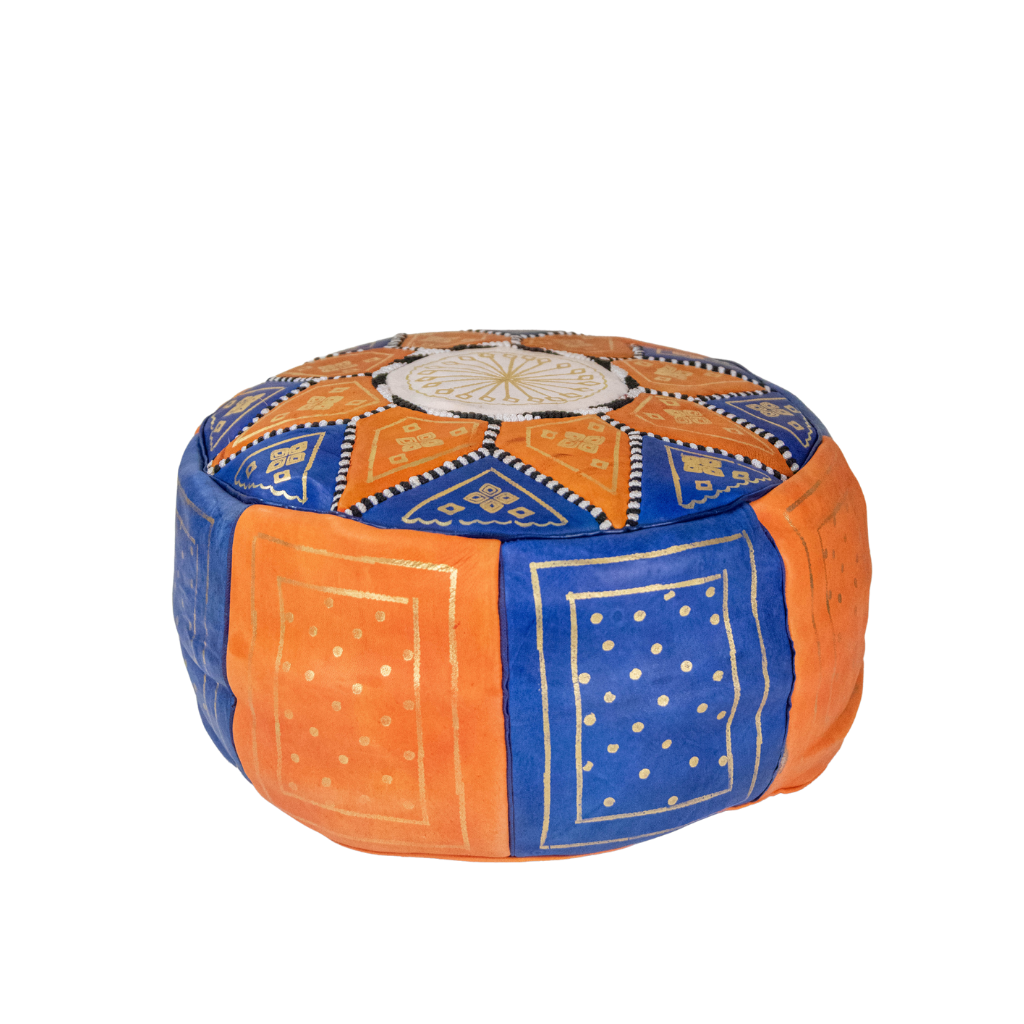 Moroccan Leather Floor Pouffe/Ottoman: Orange &amp; Blue