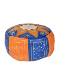 Moroccan Leather Floor Pouffe/Ottoman: Orange & Blue