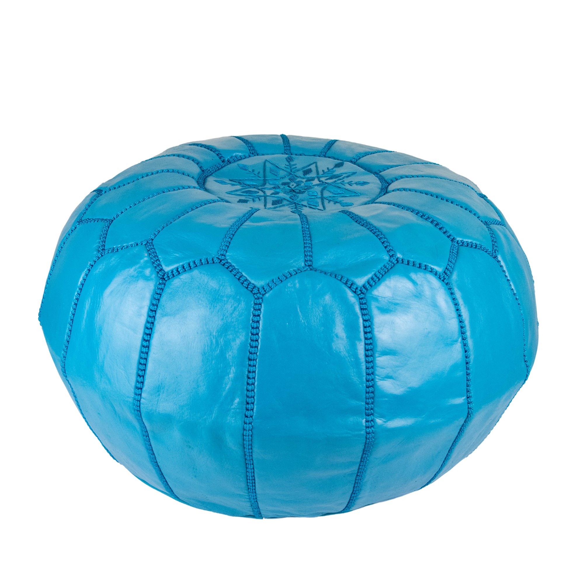 Moroccan Leather Pouffe Aegean Blue