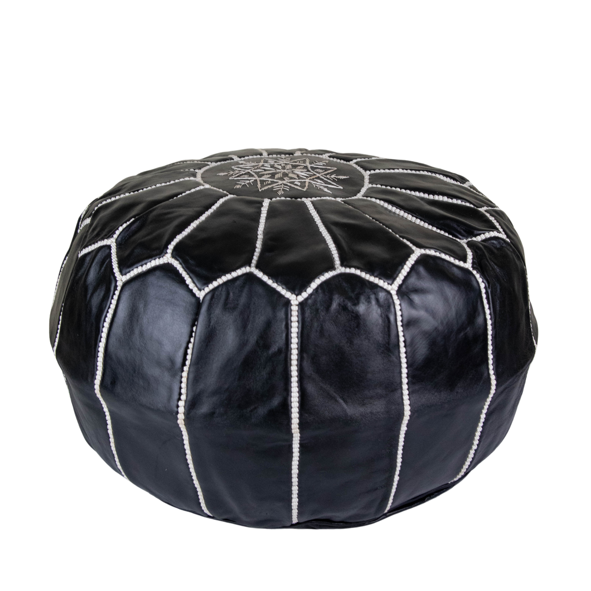 Moroccan Leather Pouffe Back and White