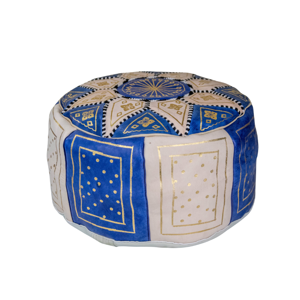 Moroccan Leather Floor Pouffe/Ottoman: Blue