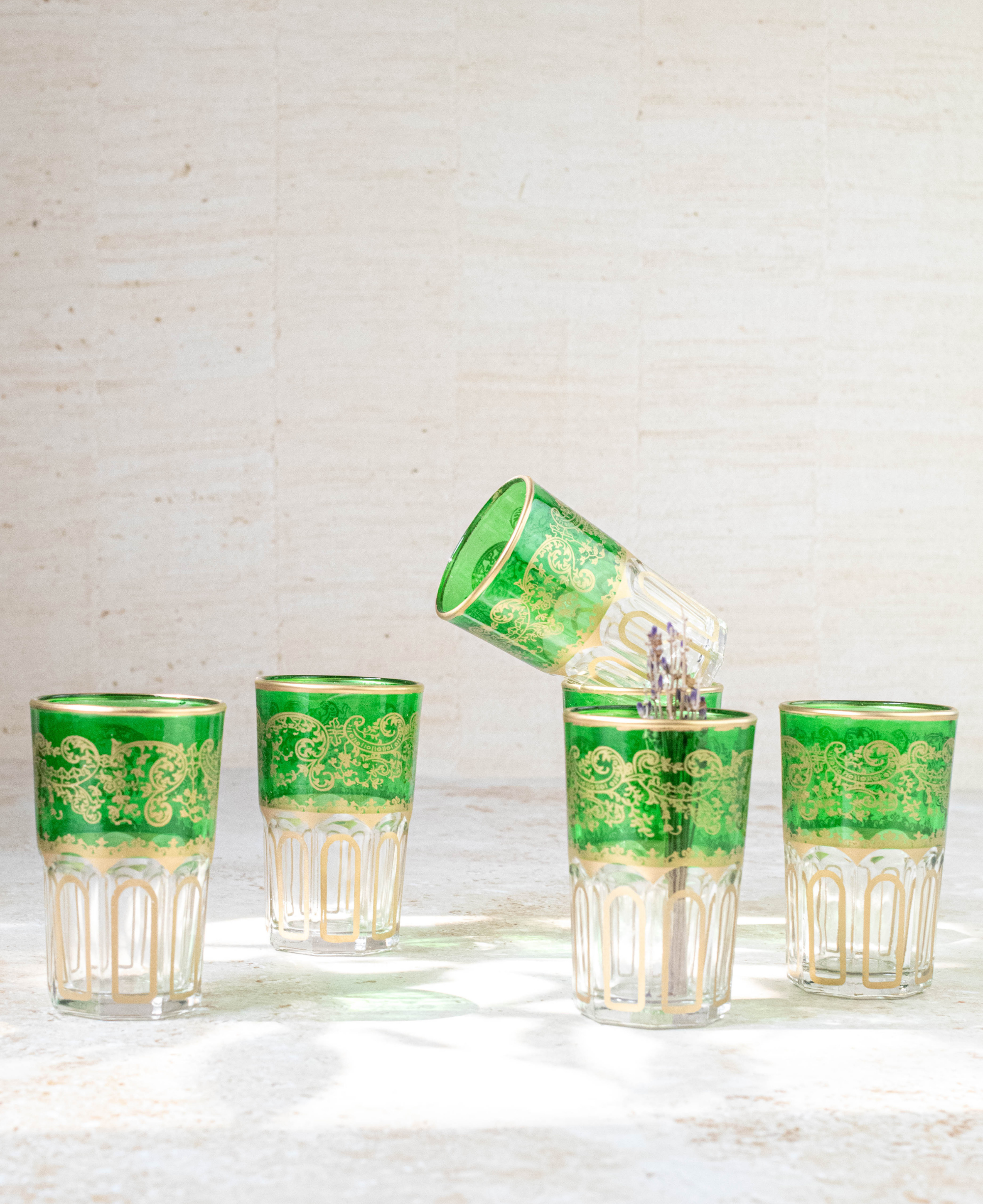 Set of 6 Handcrafted Green Moroccan Tea Glasses