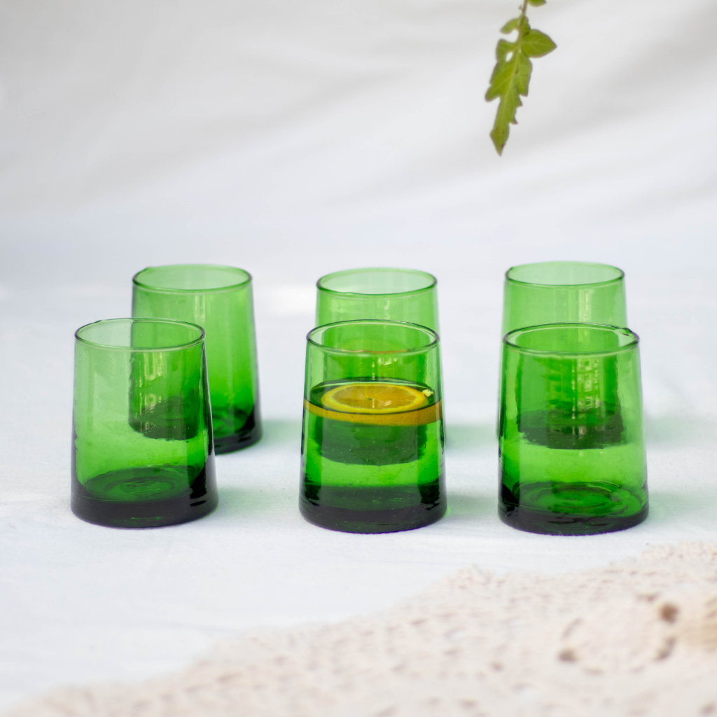 Set of 6 Recycled Moroccan Tumbler Highball Beldi Glass Green