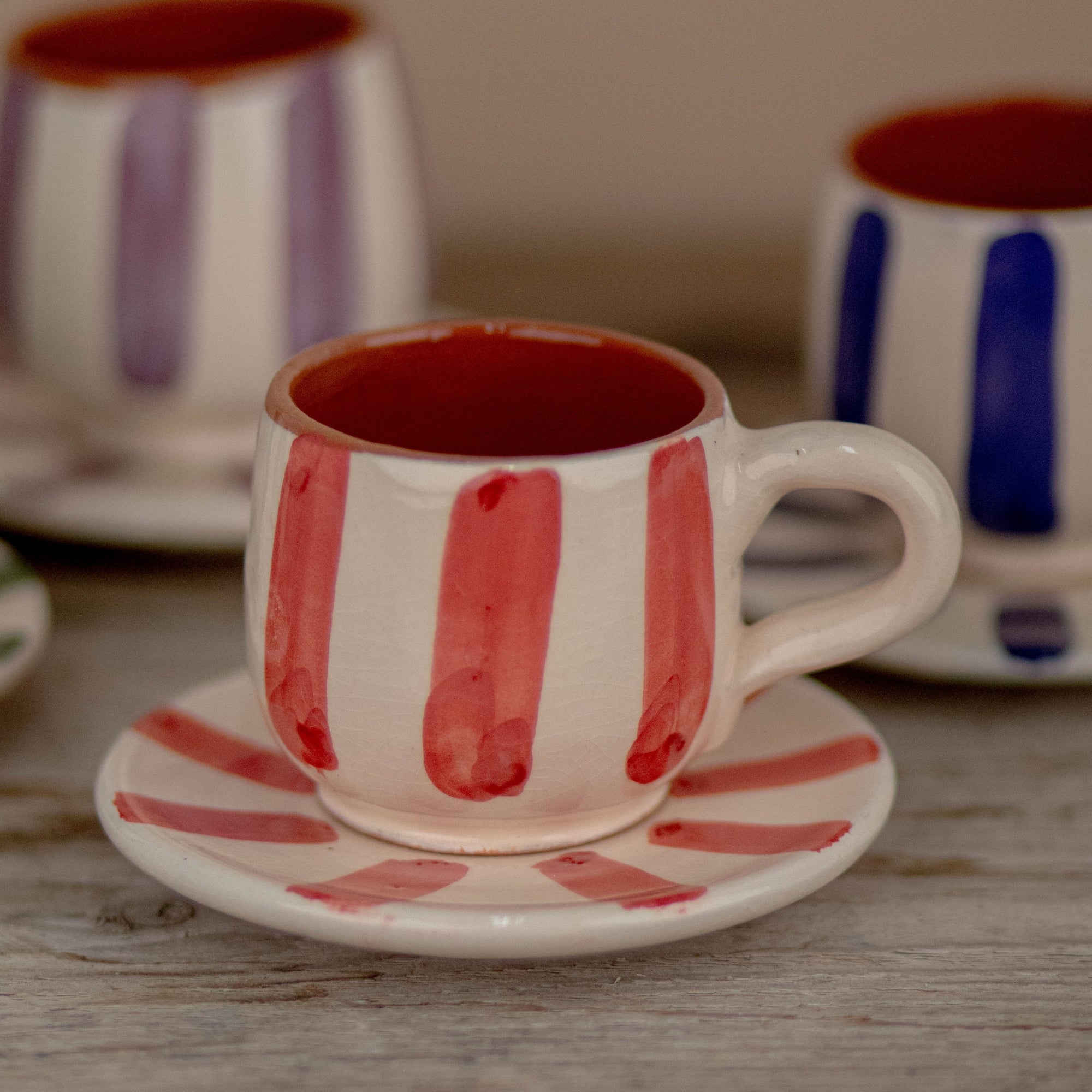 Handmade Striped Coffee Cup & Saucer - Red