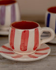 Handmade Striped Coffee Cup & Saucer - Red
