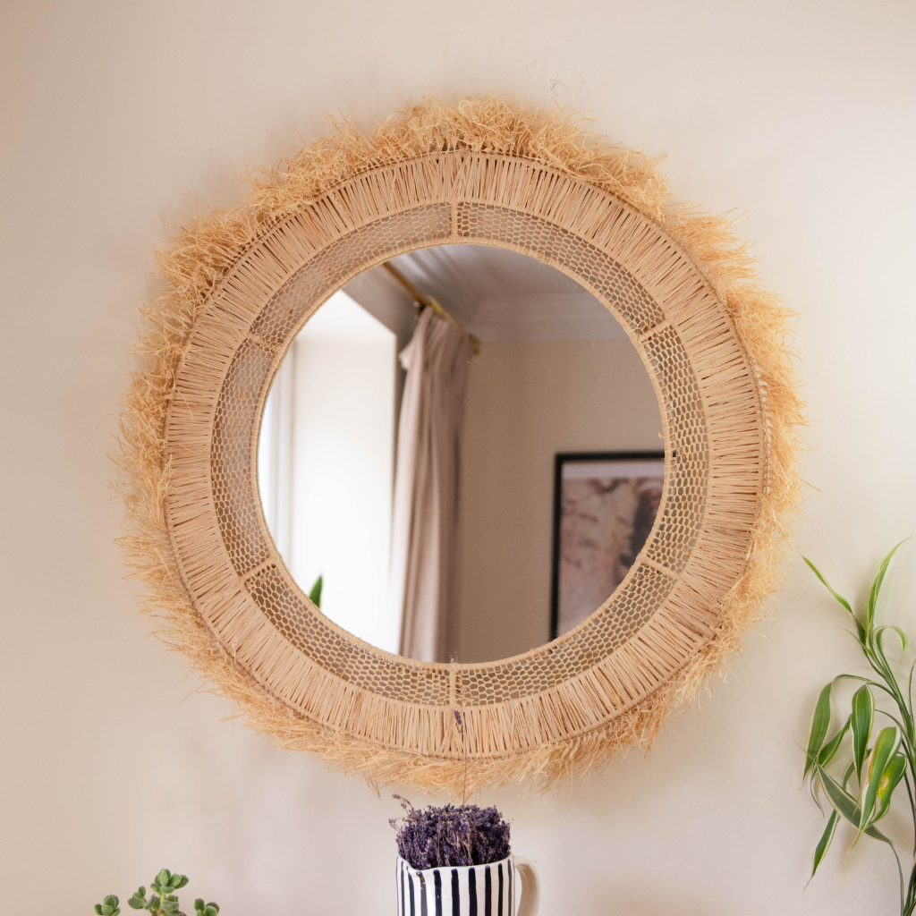 Bohemian Moroccan Handcrafted Wall Mirror: Round - Natural Raffia