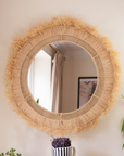 Bohemian Moroccan Handcrafted Wall Mirror: Round - Natural Raffia