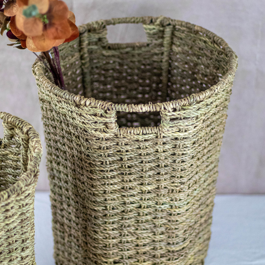 Handcrafted Wicker and Palm Leaf Bin Basket - Laundry, Bathroom, Office Storage Organisation Basket